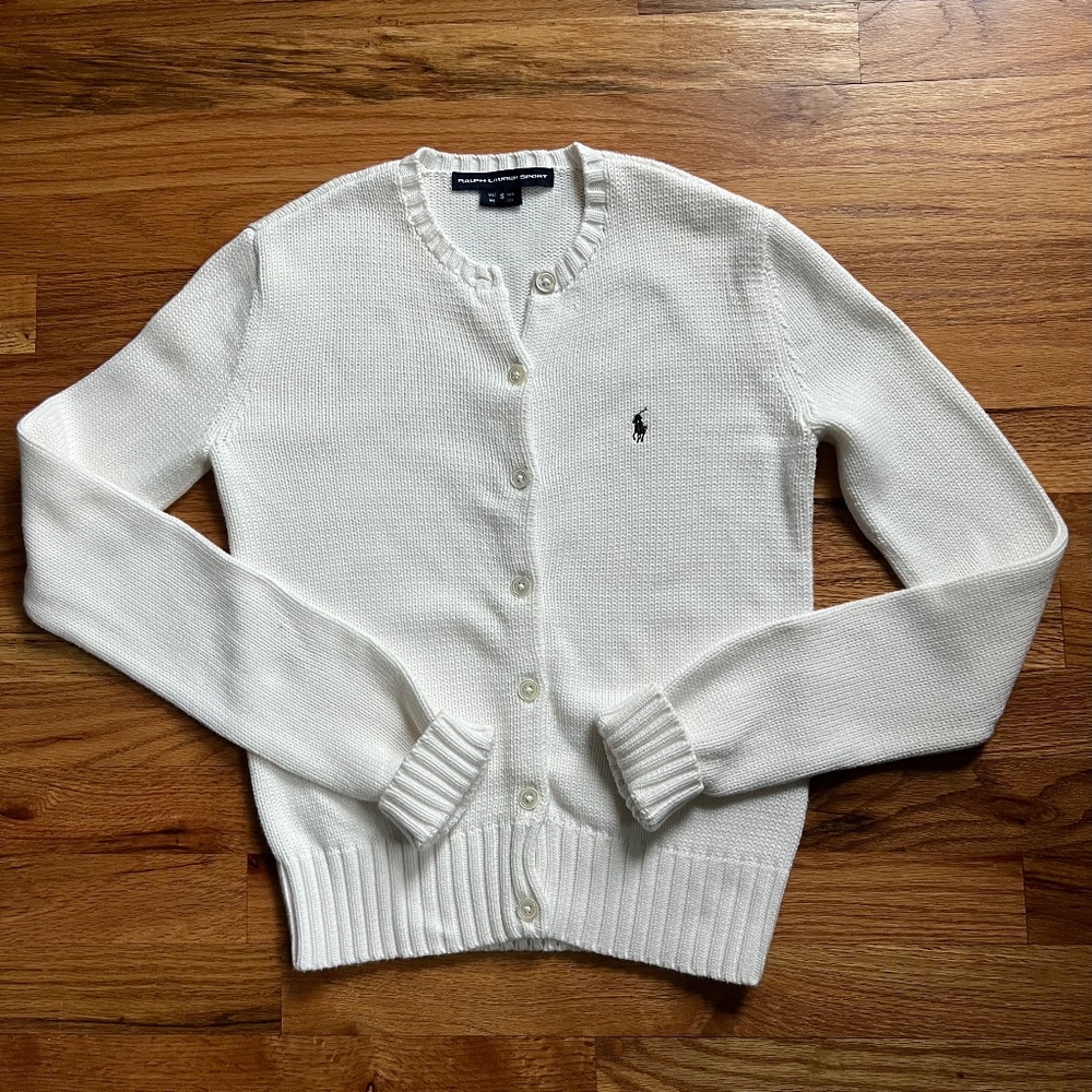 Vintage Ralph Lauren Sport white cropped 100% cotton L/S cardigan women’s XS-S